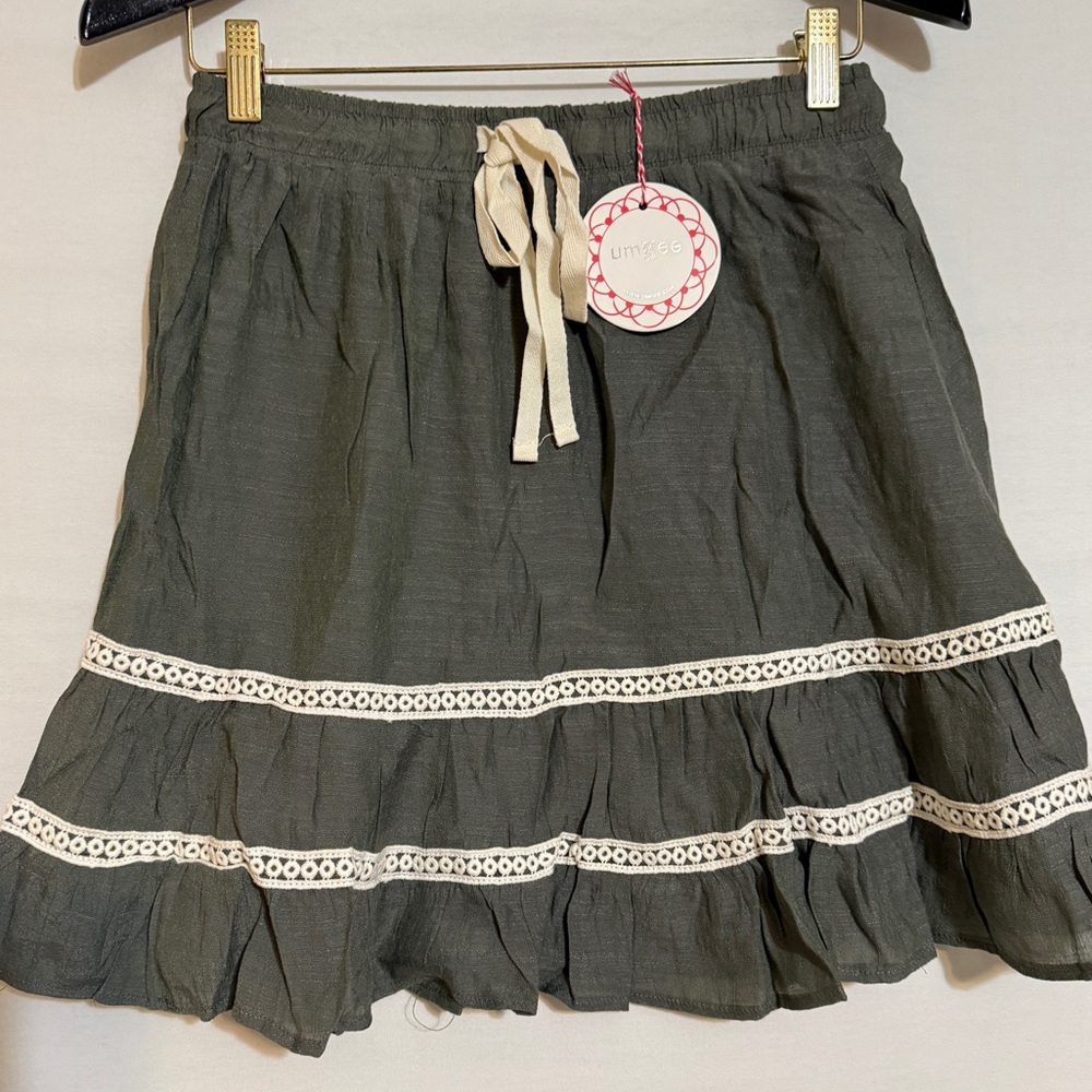 Umgee Lite Olive Skirt with Lace Detail multiple sizes available S-M-L NWT